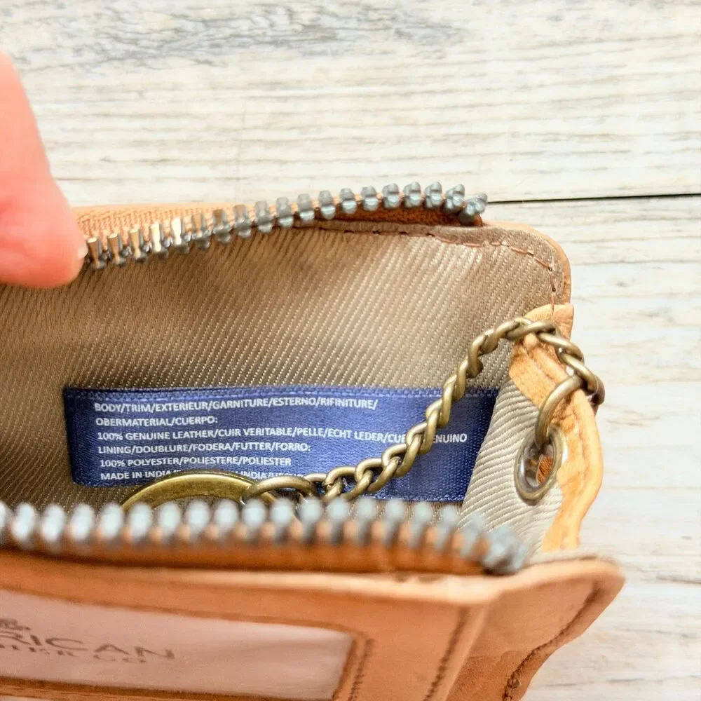 American Leather Co Tan Floral Embossed Leather Zip Card Holder ID Wallet